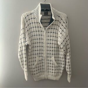 Vintage Peruvian Alpaca Womens Full Zip Cardigan Sweater White Navy Blue Medium